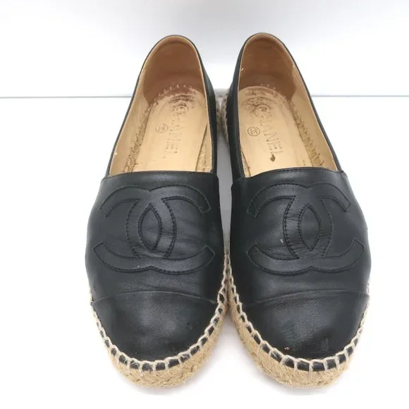 CHANEL CC ESPADRILLES BLACK LEATHER SIZE 37 - Picture 4 of 13